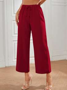 SHEIN PETITE Quần nữ Thắt nút màu trơn Giải trí - Màu Đỏ Sâu - Xem 5