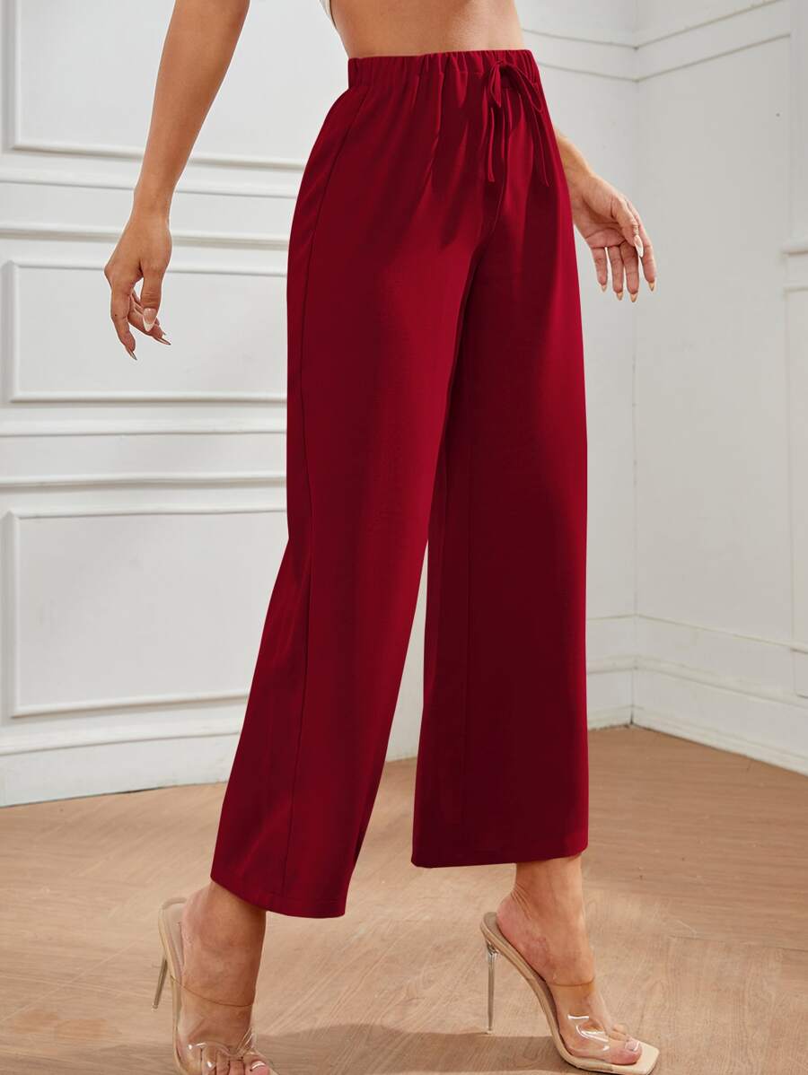 SHEIN PETITE Quần nữ Thắt nút màu trơn Giải trí - Màu Đỏ Sâu - Xem 1