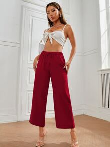 SHEIN PETITE Quần nữ Thắt nút màu trơn Giải trí - Màu Đỏ Sâu - Xem 3