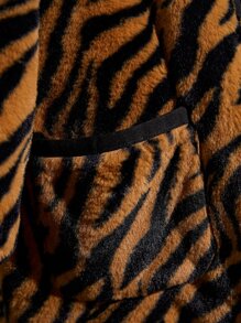 SHEIN 小女童虎紋印花拉鏈開襟毛茸茸外套