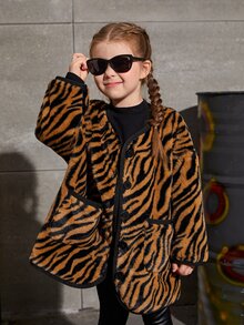 SHEIN 小女童虎紋印花拉鏈開襟毛茸茸外套