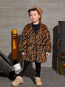 SHEIN 小女童虎紋印花拉鏈開襟毛茸茸外套