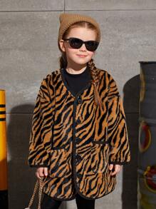 SHEIN 小女童虎紋印花拉鏈開襟毛茸茸外套