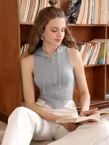 SHEIN MOD Áo hai dây Bất đối xứng Dây kéo màu trơn Giải trí - Màu Xám nhạt - Xem 2