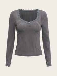 ROMWE Áo thun nữ Tương phản ren Gân đan màu trơn Giải trí - Xám - Xem 5