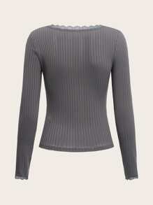 ROMWE Áo thun nữ Tương phản ren Gân đan màu trơn Giải trí - Xám - Xem 2