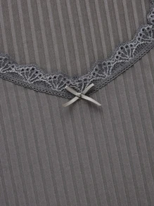 ROMWE Áo thun nữ Tương phản ren Gân đan màu trơn Giải trí - Xám - Xem 3