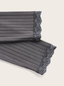 ROMWE Áo thun nữ Tương phản ren Gân đan màu trơn Giải trí - Xám - Xem 4