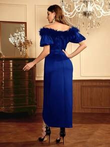 Modelyn Off Shoulder Exaggerated Fuzzy Trim Split Thigh Dress - Royal Blue - View 3
