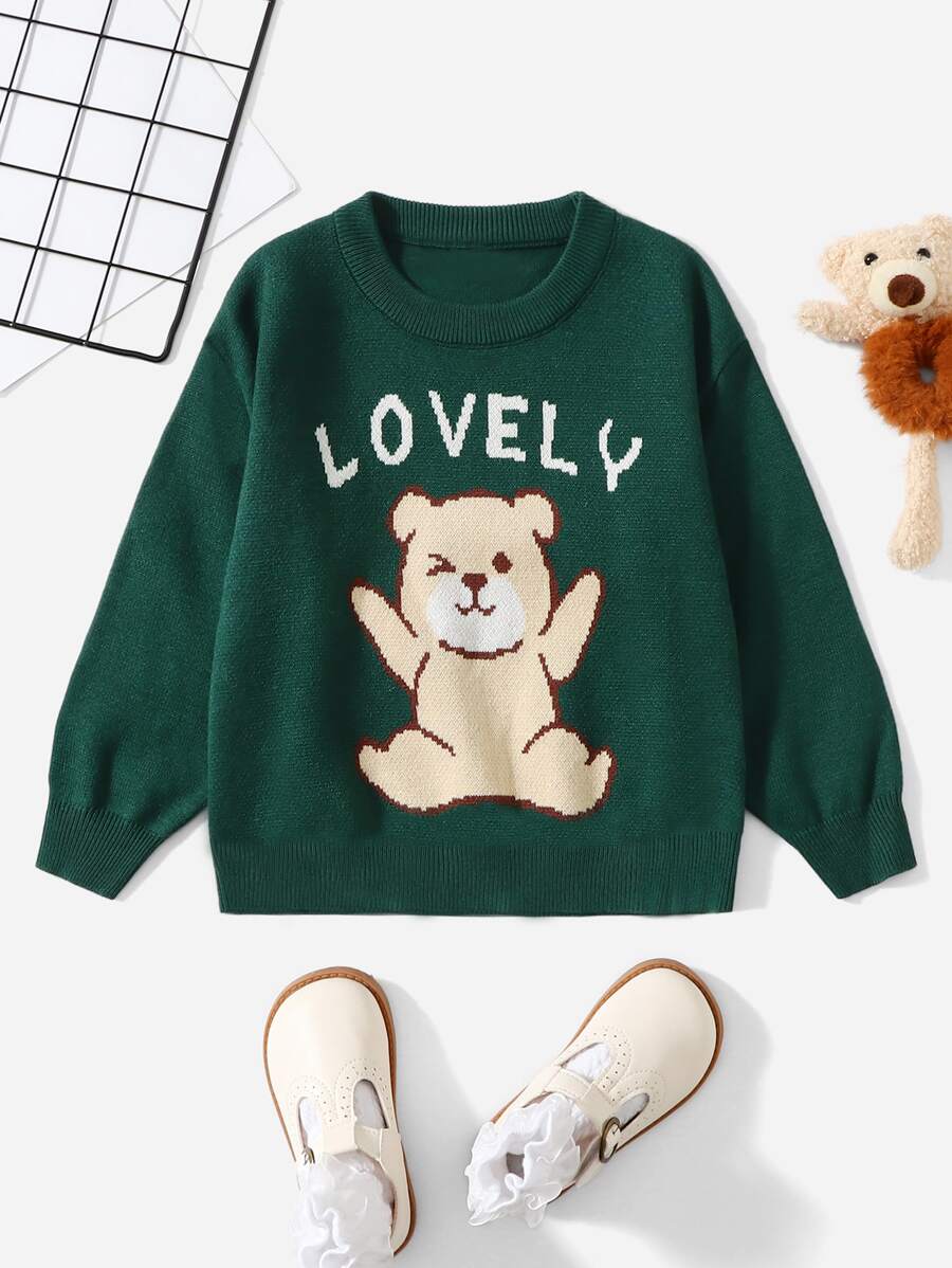 SHEIN Toddler Girls Letter & Bear Pattern Jumper - Dark Green - View 1