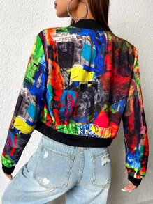 SHEIN LUNE Graphic Print Zip Up Bomber Jacket - Multicolor - View 3