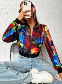 SHEIN LUNE Graphic Print Zip Up Bomber Jacket - Multicolor - View 4