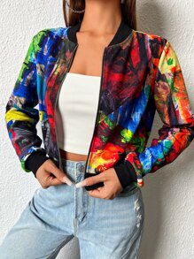 SHEIN LUNE Graphic Print Zip Up Bomber Jacket - Multicolor - View 5