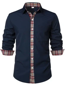 Manfinity Men Plaid Panel Pocket Front Shirt - Navy Blue - View 1