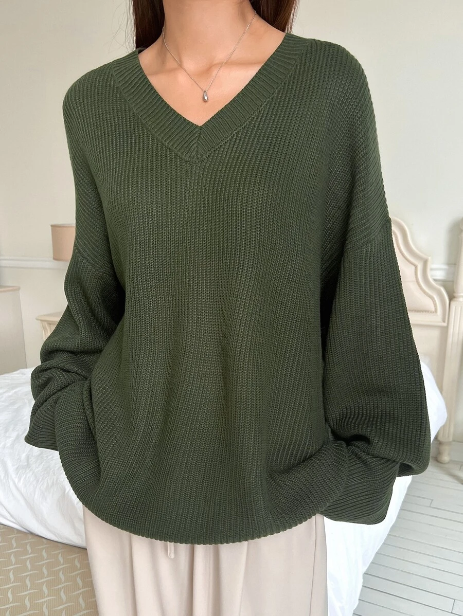 DAZY V Neck Drop Shoulder Jumper - Green - View 1