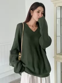 DAZY V Neck Drop Shoulder Jumper - Green - View 4