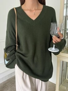 DAZY V Neck Drop Shoulder Jumper - Green - View 5