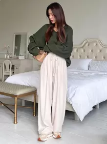 DAZY V Neck Drop Shoulder Jumper - Green - View 7