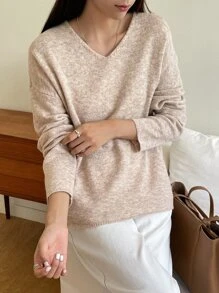 DAZY Solid V-neck Drop Shoulder Jumper - Apricot - View 3