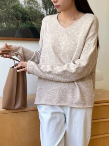 DAZY Solid V-neck Drop Shoulder Jumper - Apricot - View 5