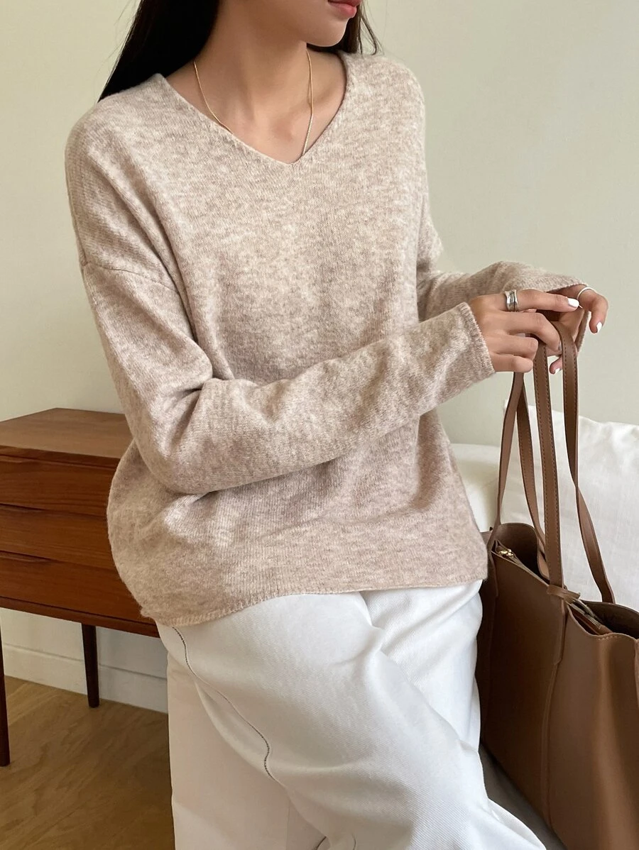 DAZY Solid V-neck Drop Shoulder Jumper - Apricot - View 1