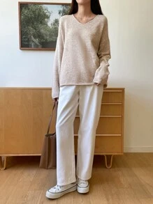 DAZY Solid V-neck Drop Shoulder Jumper - Apricot - View 8