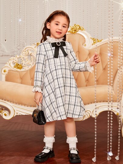 SHEIN Toddler Girls Plaid Flounce Sleeve Bow Front Tweed Dress