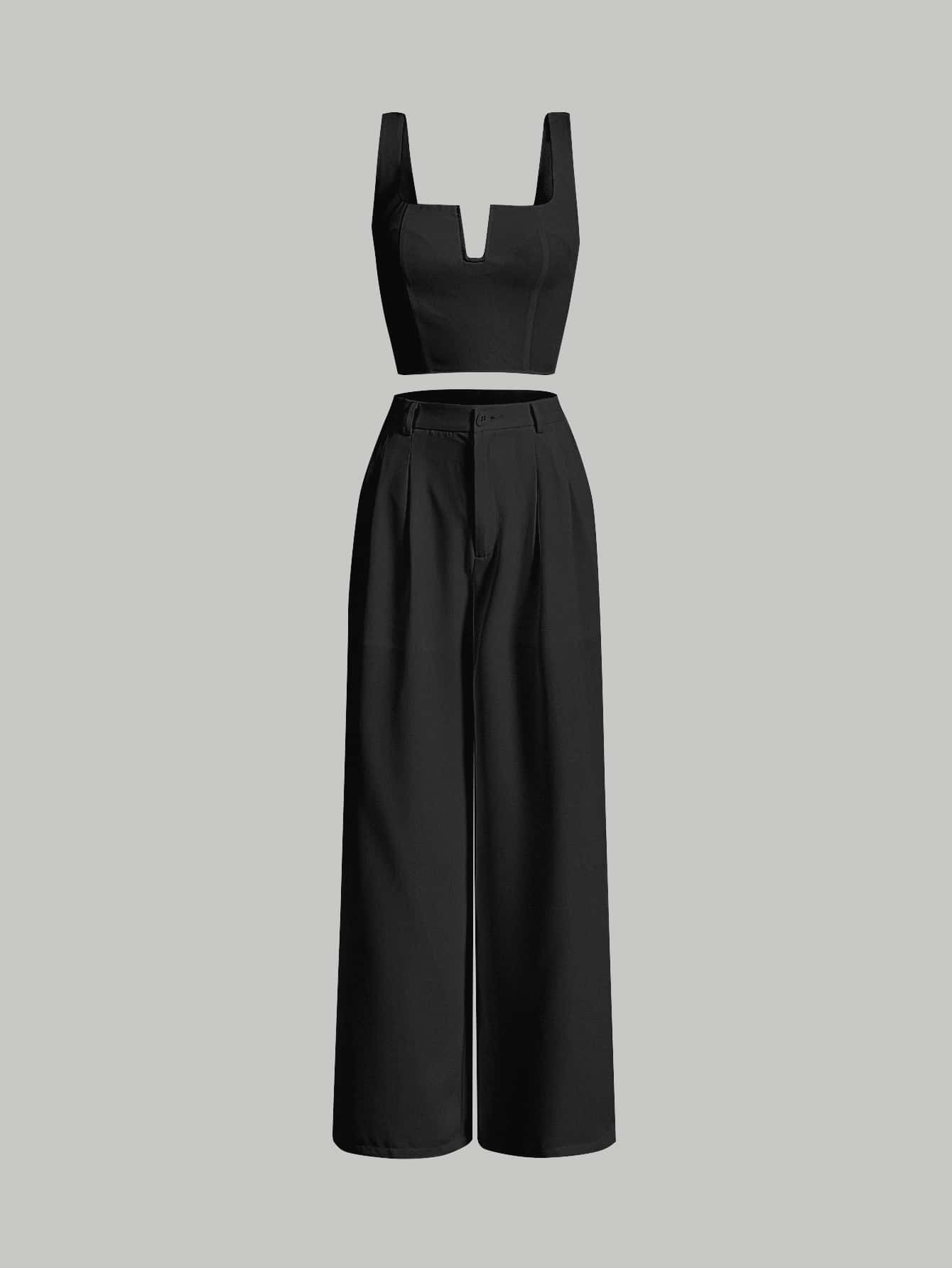 SHEIN MOD Bộ đồ hai mảnh nữ Nút Túi Dây kéo Uốn nếp màu trơn Thanh lịch - màu đen - Xem 1