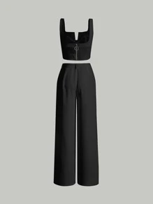 SHEIN MOD Bộ đồ hai mảnh nữ Nút Túi Dây kéo Uốn nếp màu trơn Thanh lịch - màu đen - Xem 2