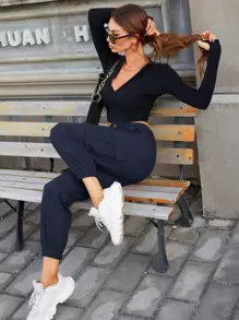 SHEIN EZwear 斜口袋工裝褲 - 藏蓝色 - 查看 4