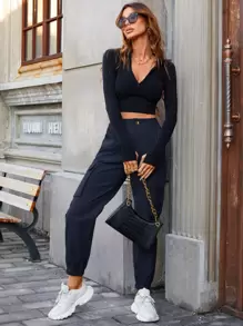 SHEIN EZwear 斜口袋工裝褲 - 藏蓝色 - 查看 5