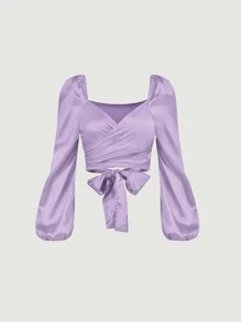 SHEIN MOD Lantern Sleeve Tie Back Satin Top - Lilac Purple - View 1