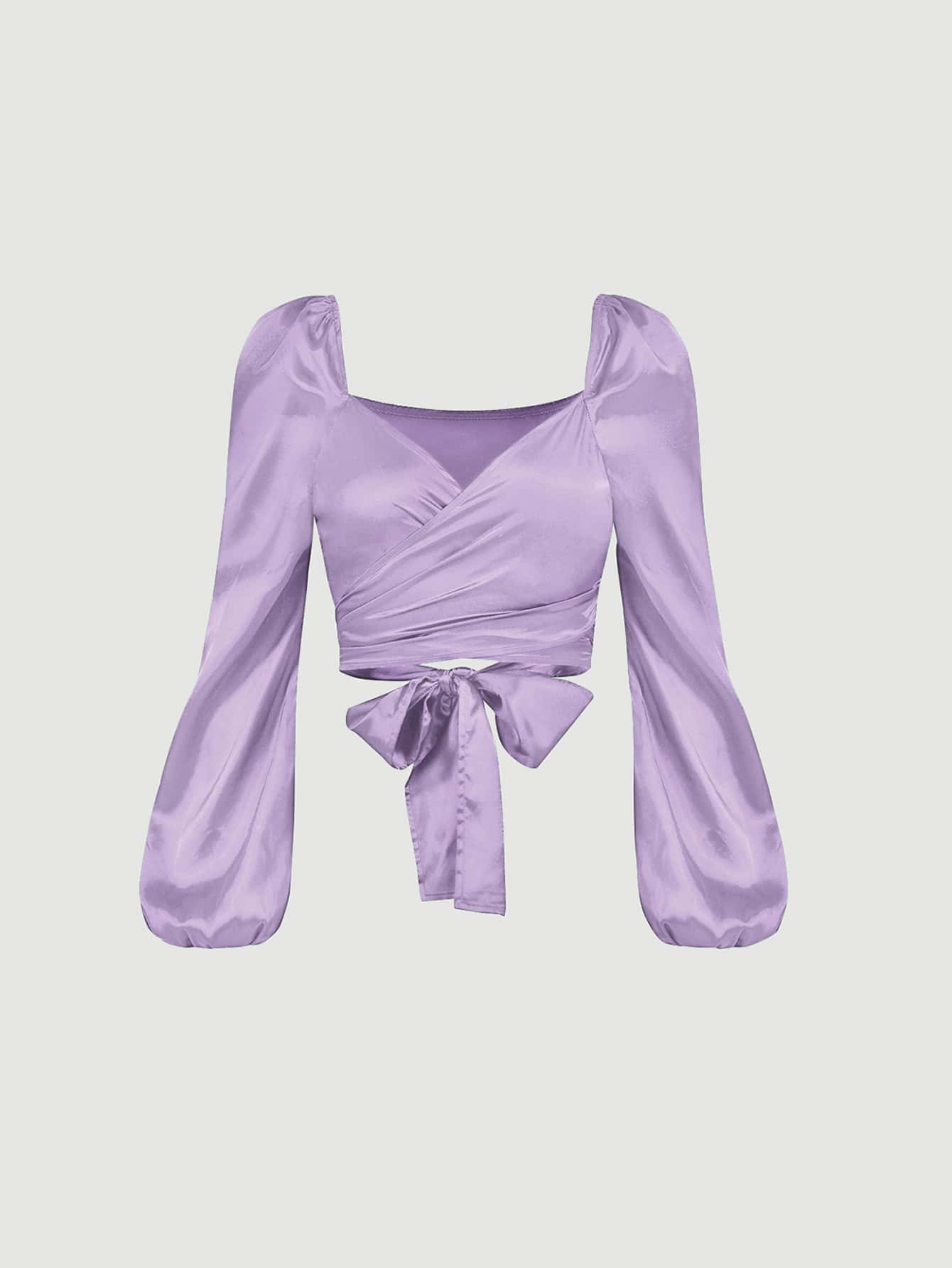 SHEIN MOD Lantern Sleeve Tie Back Satin Top - Lilac Purple - View 1