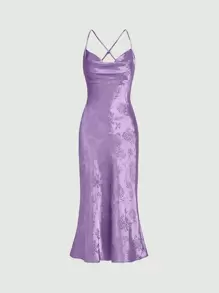 SHEIN Belle Đầm Lộ Lưng Hội Chữ thập Hoa Thanh lịch - Màu Lilac Tím - Xem 1