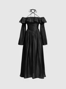 SHEIN MOD Vestido de hombros descubiertos ribete con fruncido - Negro - Ver 1
