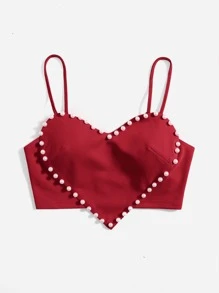 SHEIN ICON 珍珠修飾不對稱心形緊身背心襪褲心形緊身頂部 - 酒紅色 - 查看 4