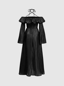 SHEIN MOD Vestido de hombros descubiertos ribete con fruncido - Negro - Ver 2