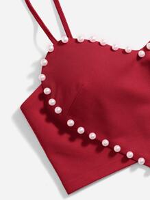 SHEIN ICON 珍珠修飾不對稱心形緊身背心襪褲心形緊身頂部 - 酒紅色 - 查看 5