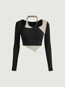 SHEIN MOD Colourblock Ribbed Knit Tee - Black - View 1