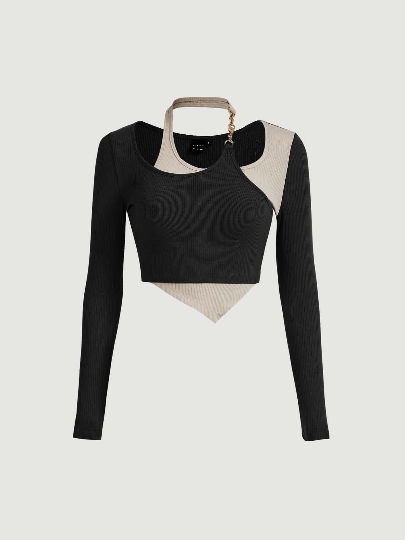 SHEIN MOD Colourblock Ribbed Knit Tee - Black - View 1