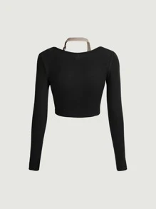 SHEIN MOD Colourblock Ribbed Knit Tee - Black - View 2