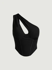 SHEIN MOD One Shoulder Cut Out Hanky Hem Top - Black - View 1