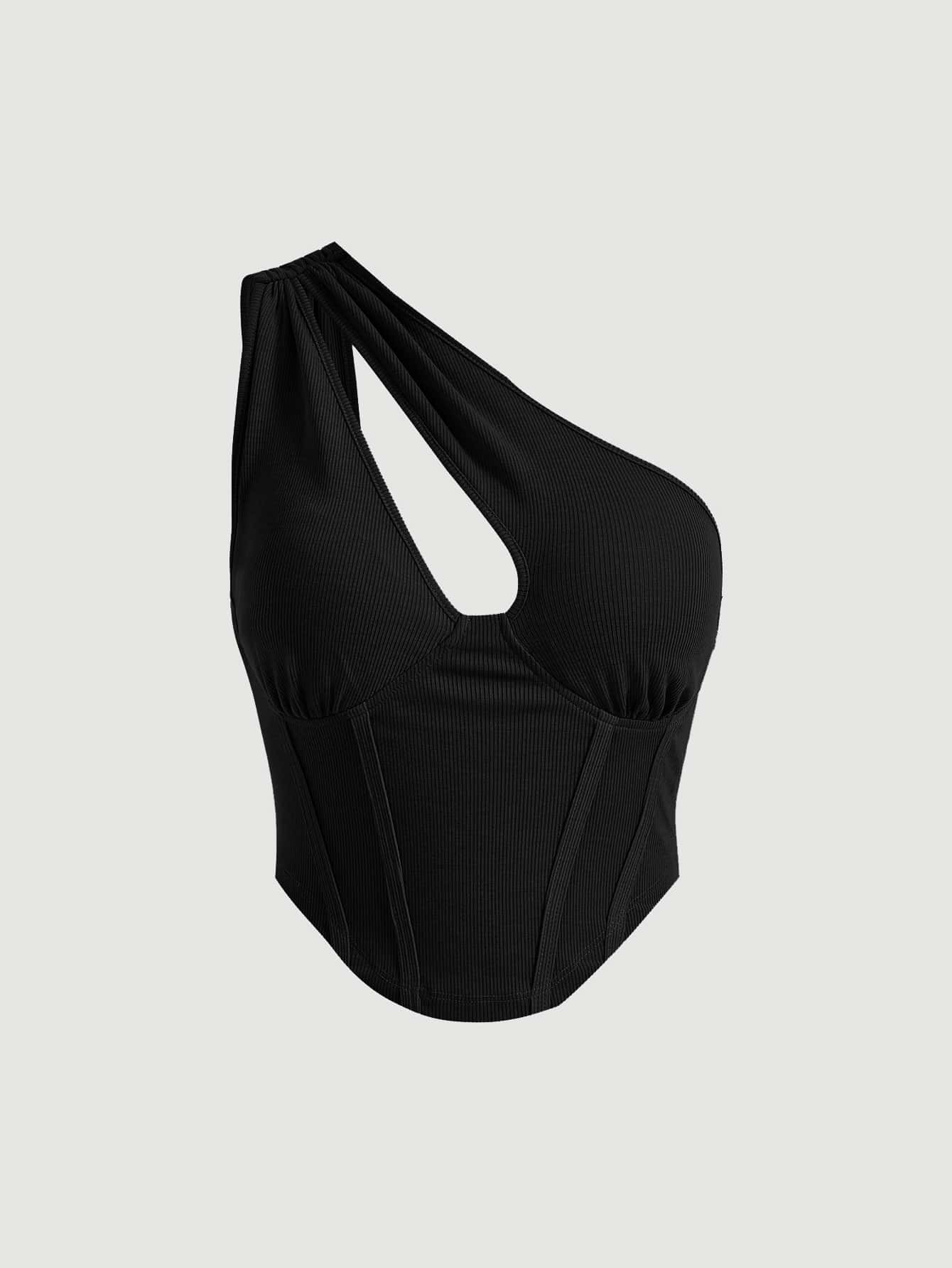 SHEIN MOD One Shoulder Cut Out Hanky Hem Top - Black - View 1