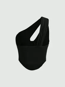 SHEIN MOD One Shoulder Cut Out Hanky Hem Top - Black - View 2