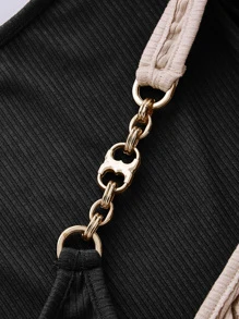 SHEIN MOD Colourblock Ribbed Knit Tee - Black - View 4