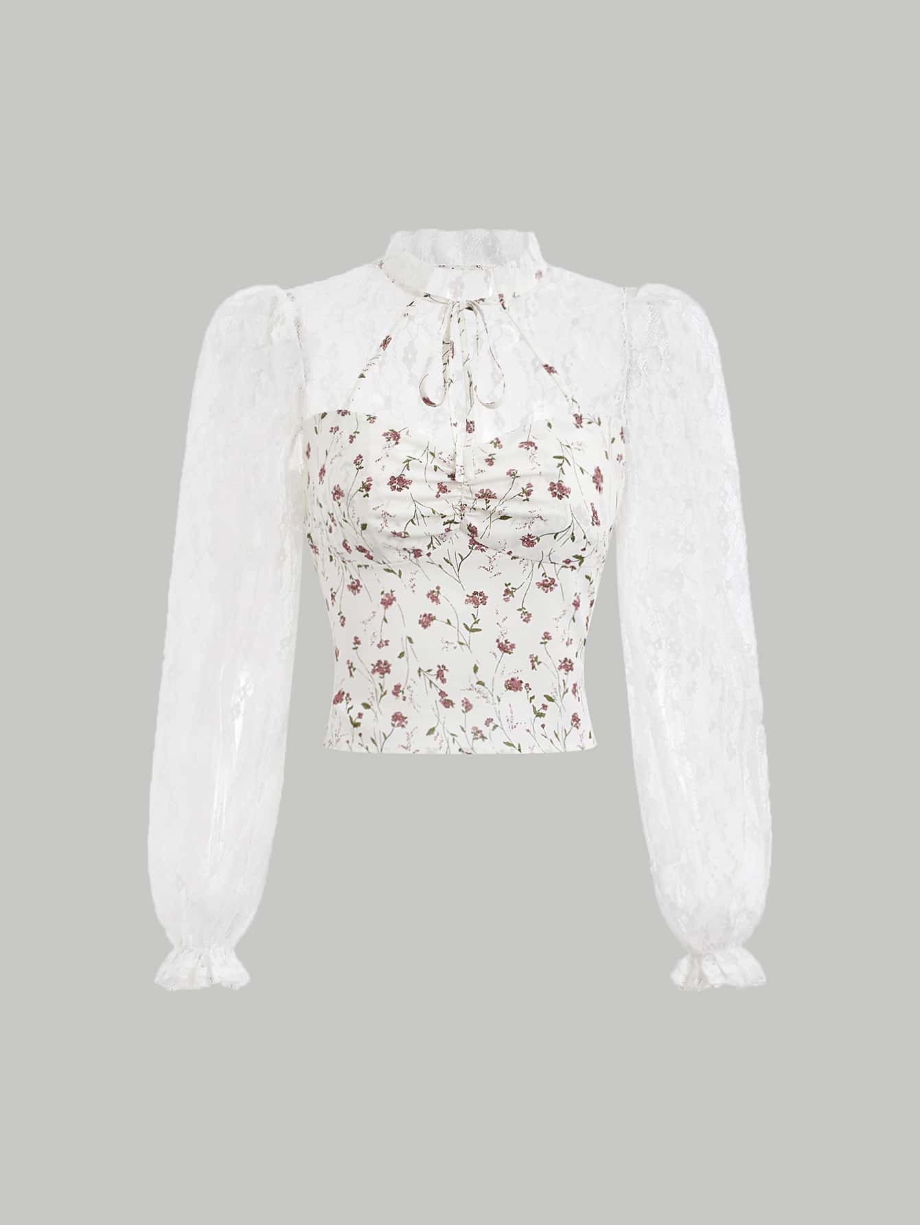 SHEIN MOD Top de cuello con cordón panel con encaje pecho con fruncido floral - Blanco - Ver 1