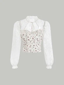 SHEIN MOD Top de cuello con cordón panel con encaje pecho con fruncido floral - Blanco - Ver 2