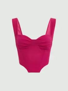 SHEIN MOD Camiseta Con Top De Malla Ajustado Al Cuerpo Rojo Rosa Con Plisado En El Busto Y Dobladillo Irregular - Rosa Fucsia - Ver 1