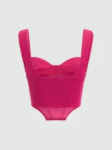 SHEIN MOD Camiseta Con Top De Malla Ajustado Al Cuerpo Rojo Rosa Con Plisado En El Busto Y Dobladillo Irregular - Rosa Fucsia - Ver 2