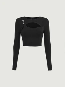 SHEIN MOD Áo thun nữ Chuỗi Cắt ra Gân đan màu trơn Giải trí - màu đen - Xem 1